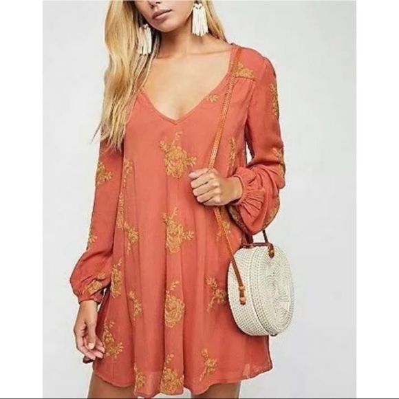 Free People Dresses & Skirts - Free People Emma embroidered floral long sleeve mini dress terracotta, XS